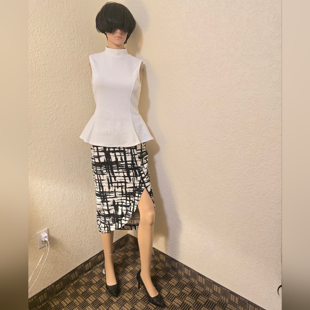 Black and White Asymmetrical Midi Pencil Skirt